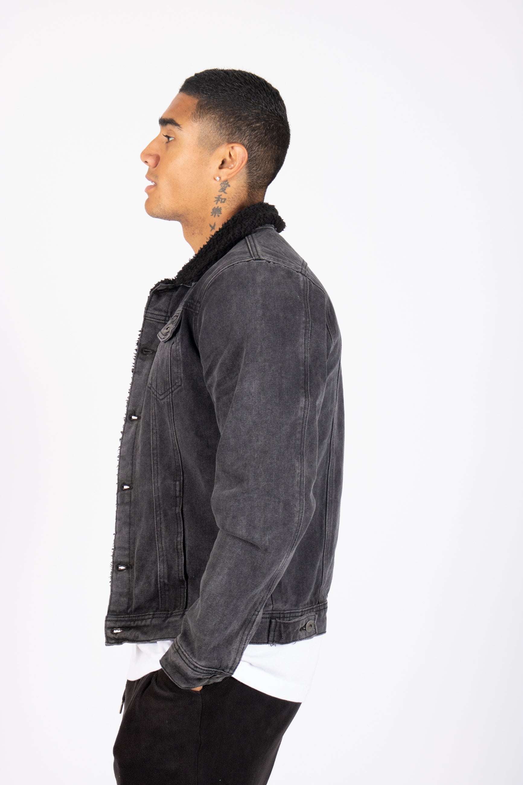 Norton Slim Fit Denim Jacket With Borg Collar In Washed Black