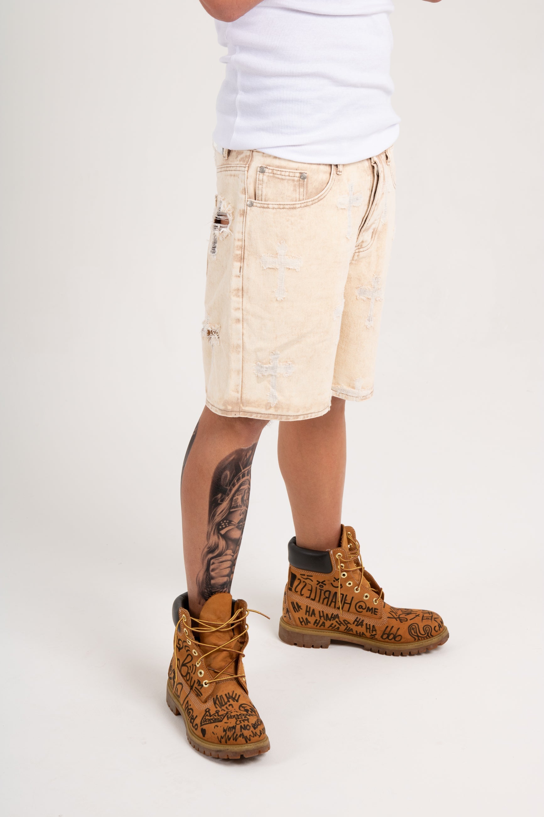 Distressed Cross Denim Shorts in Beige