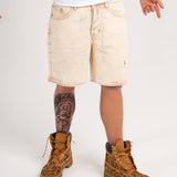 Distressed Cross Denim Shorts in Beige