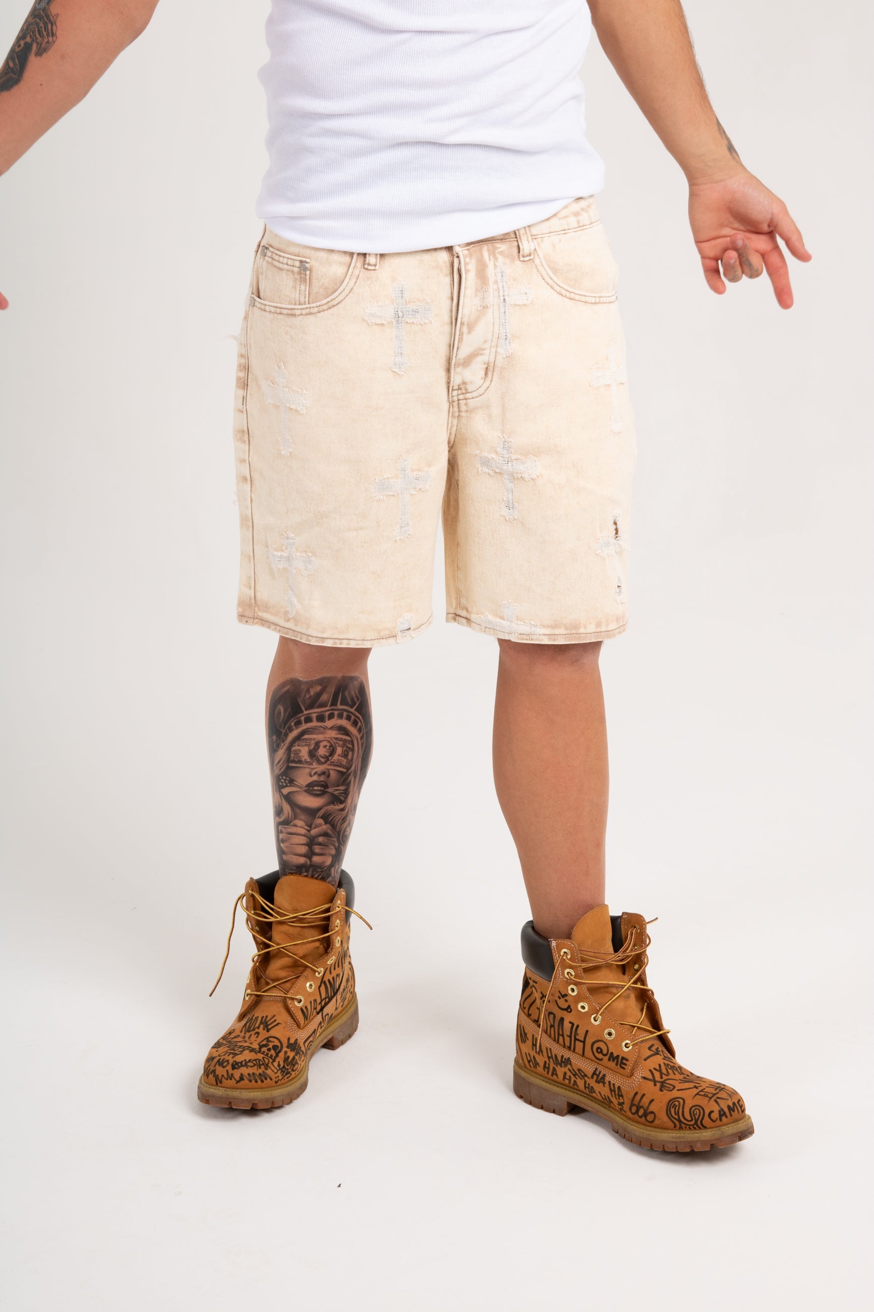 Distressed Cross Denim Shorts in Beige