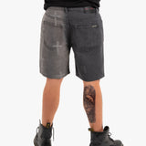 Distressed Cross Denim Shorts in Black Wash