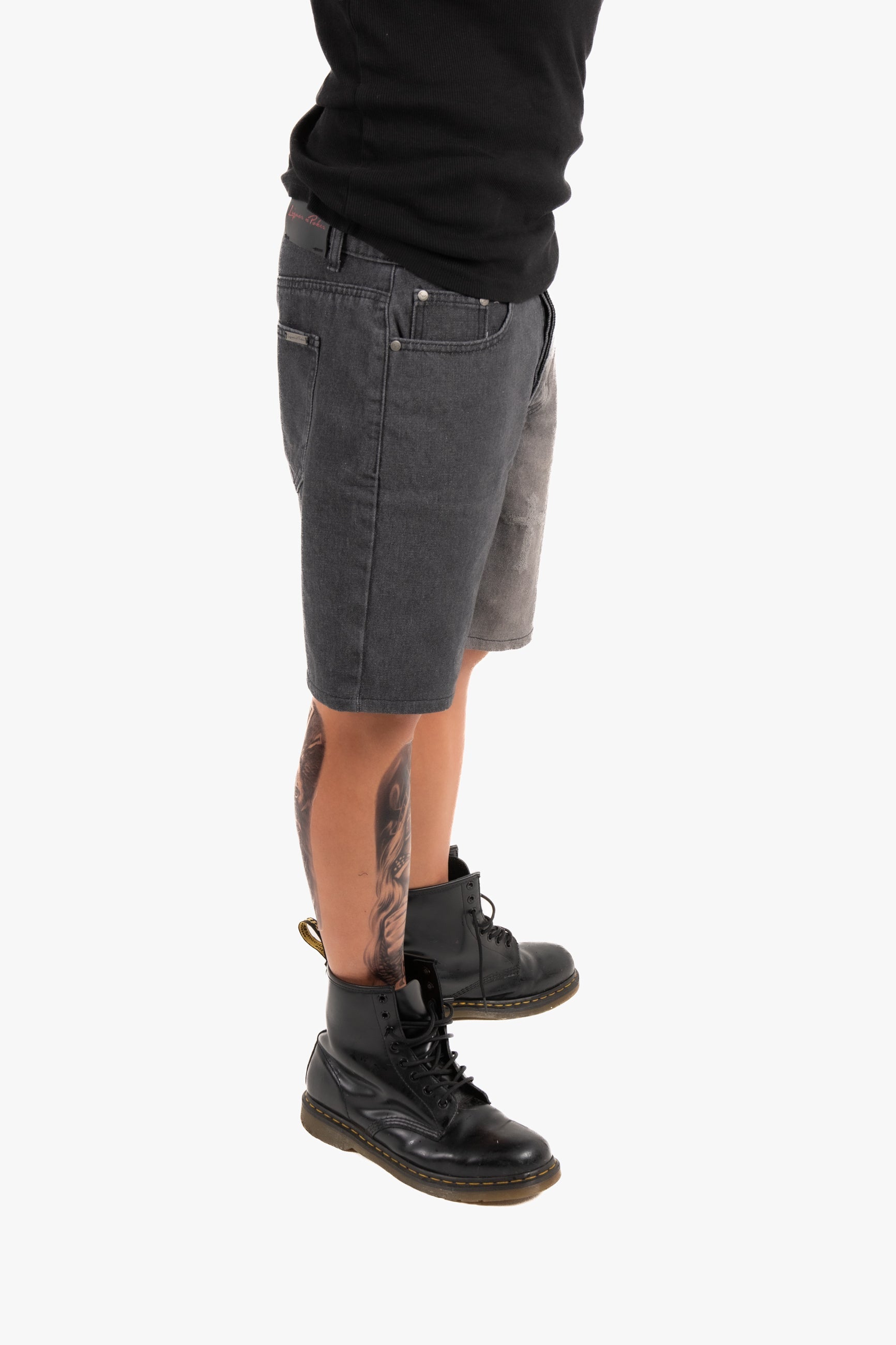 Distressed Cross Denim Shorts in Black Wash