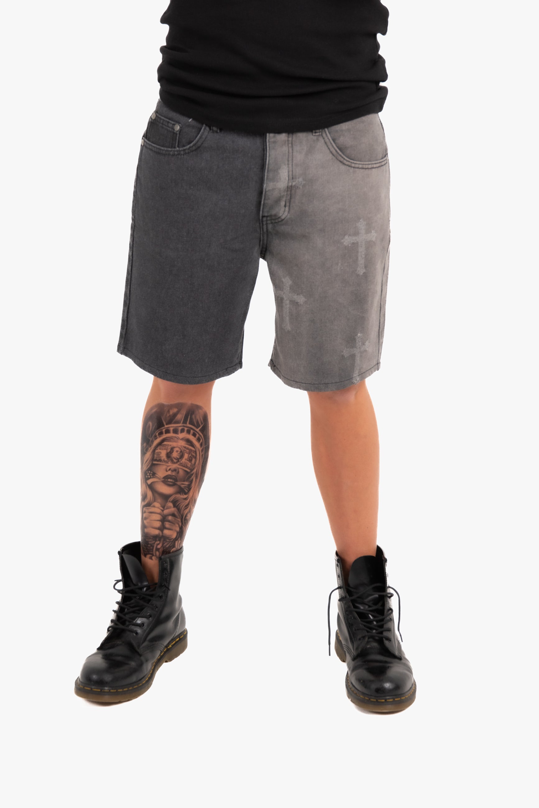 Distressed Cross Denim Shorts in Black Wash