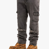 Relaxed Cargo Jean with Strap in Black Wash