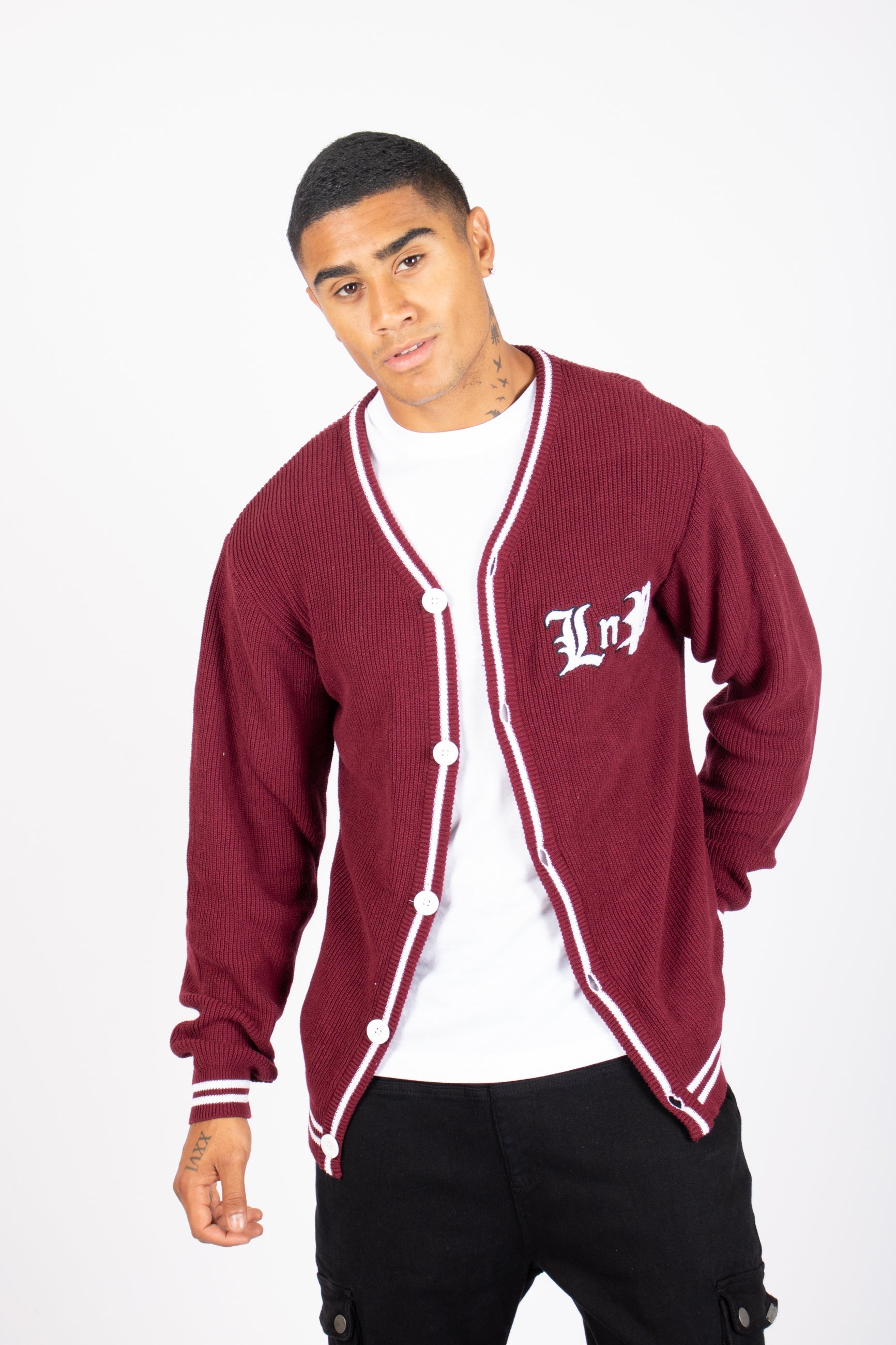 Varsity Knitted Burgundy Cardigan