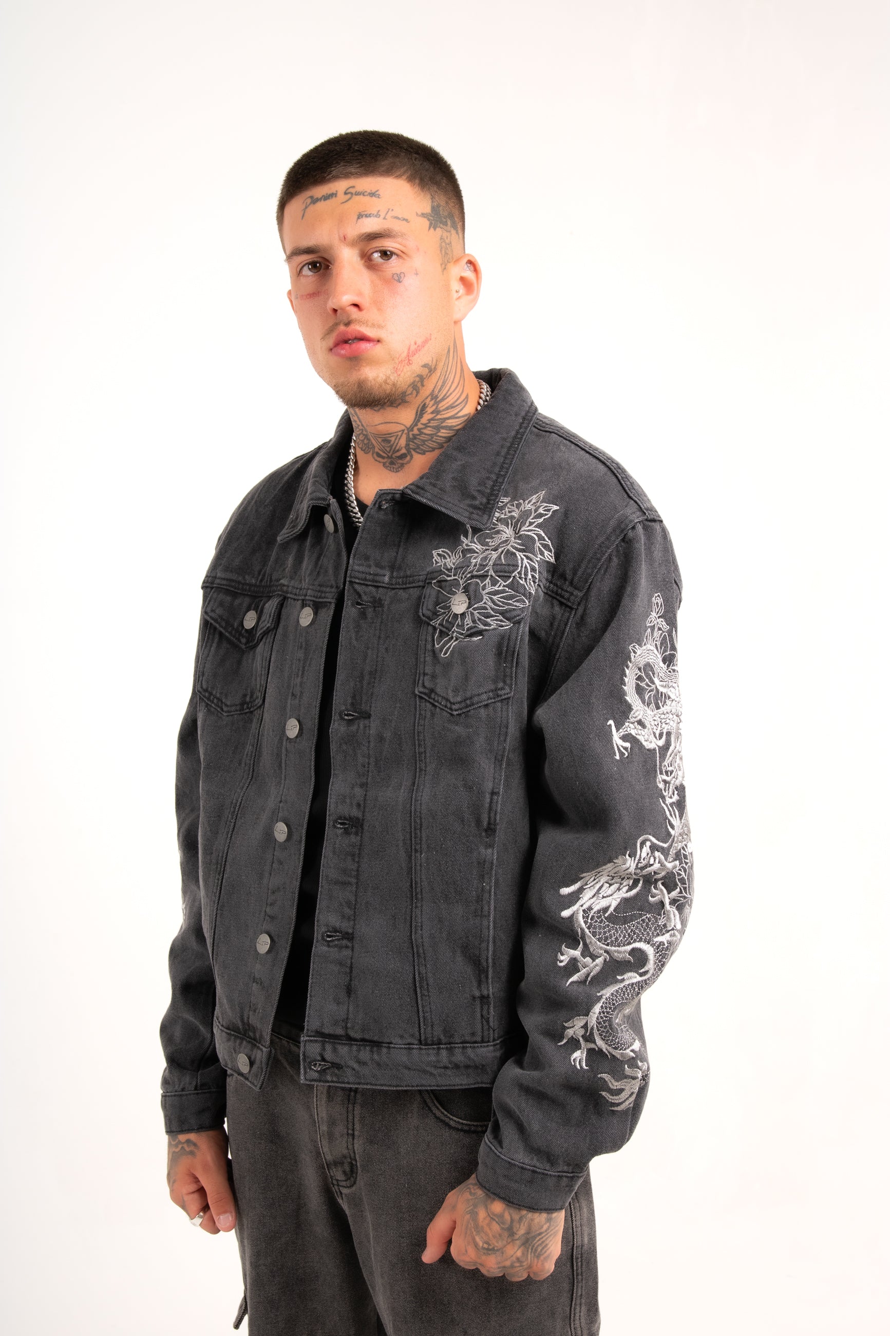 A World Dynasty Oversized Denim Jacket in Washed Black