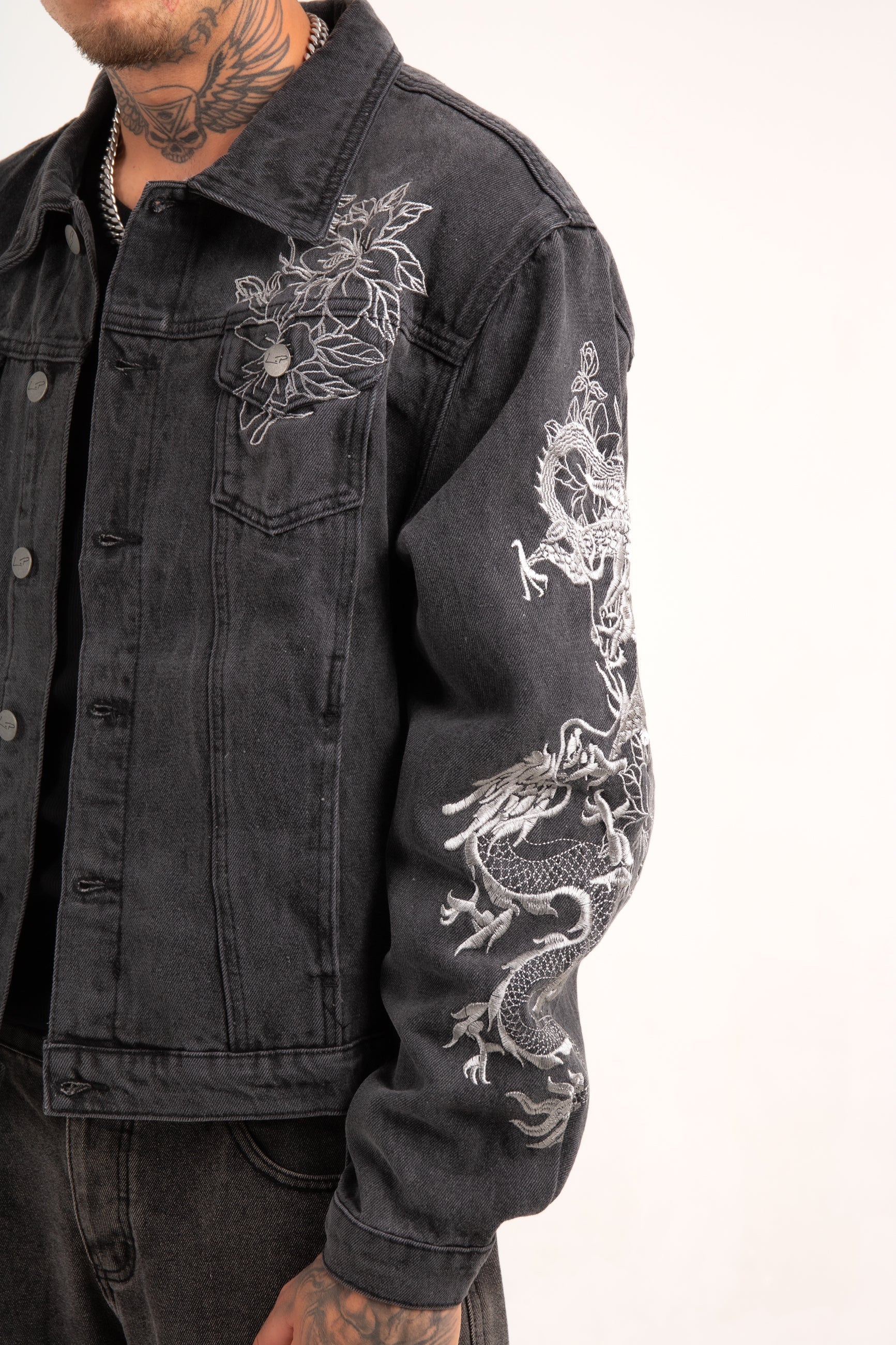 A World Dynasty Oversized Denim Jacket in Washed Black