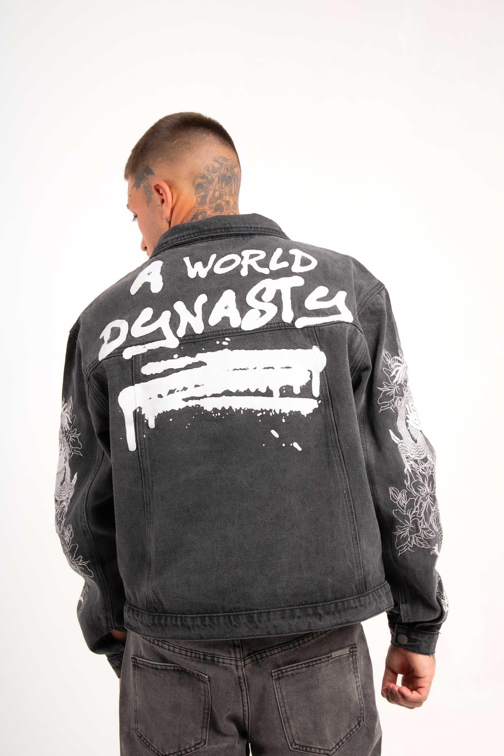 A World Dynasty Oversized Denim Jacket in Washed Black