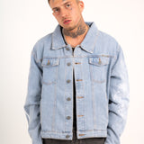 Japanese Graffiti Back Patch Oversized Trucker Jacket in Light Wash