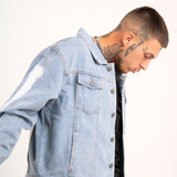 Japanese Graffiti Back Patch Oversized Trucker Jacket in Light Wash