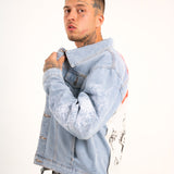 Japanese Graffiti Back Patch Oversized Trucker Jacket in Light Wash