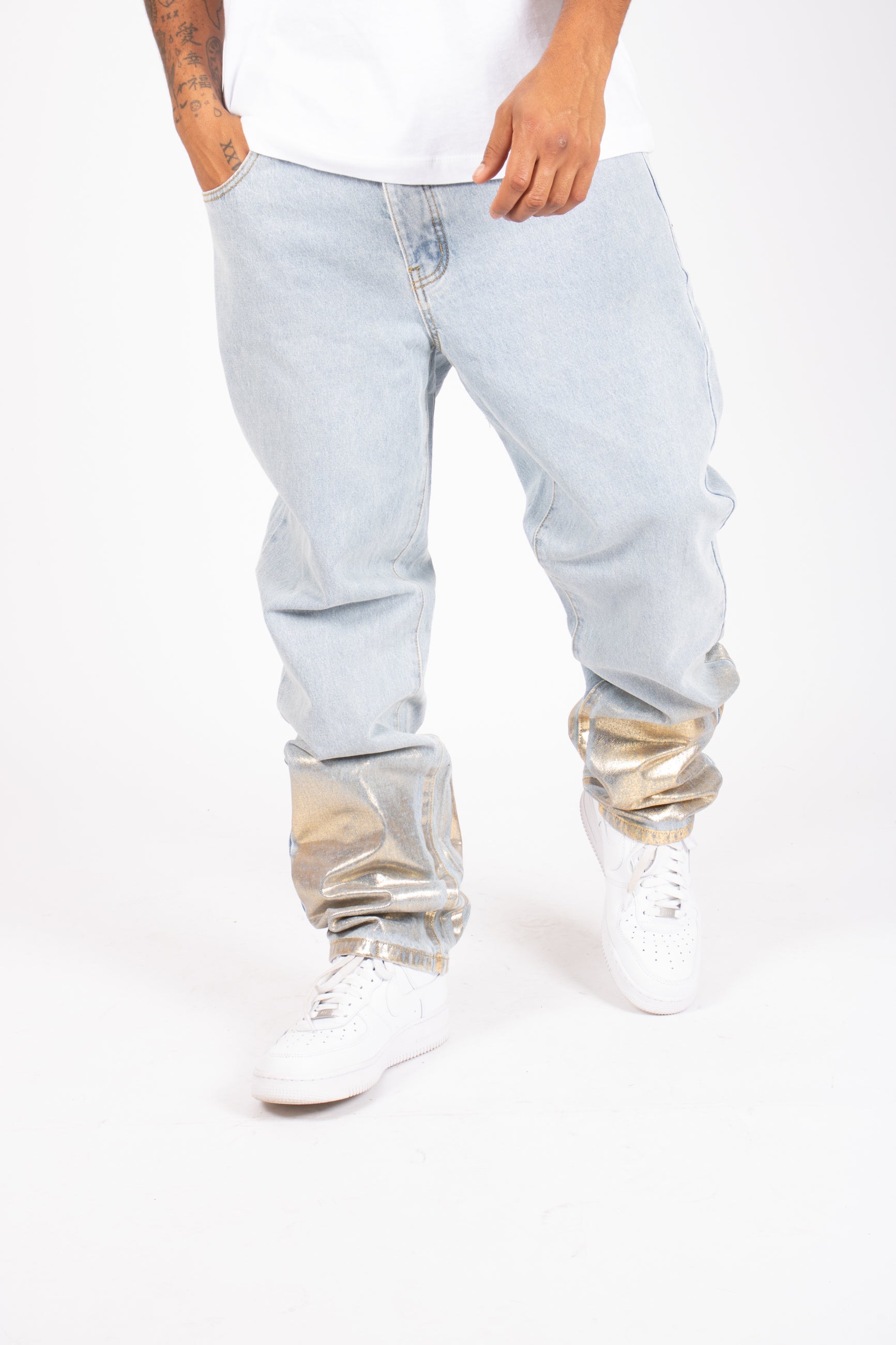 Metallic Faded Stonewash Straight Leg Jeans