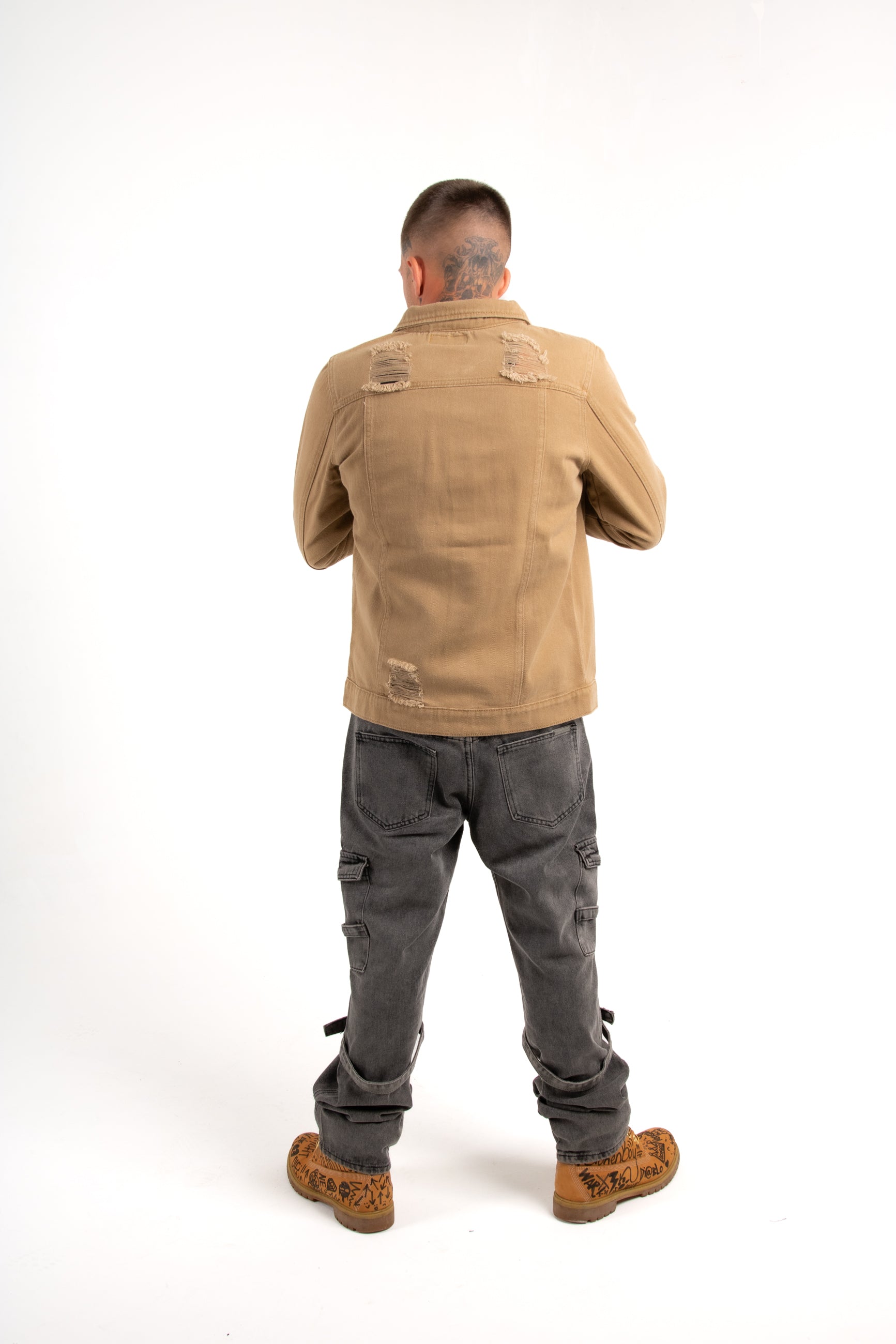 Norton Denim Jacket In Tan With Distressing