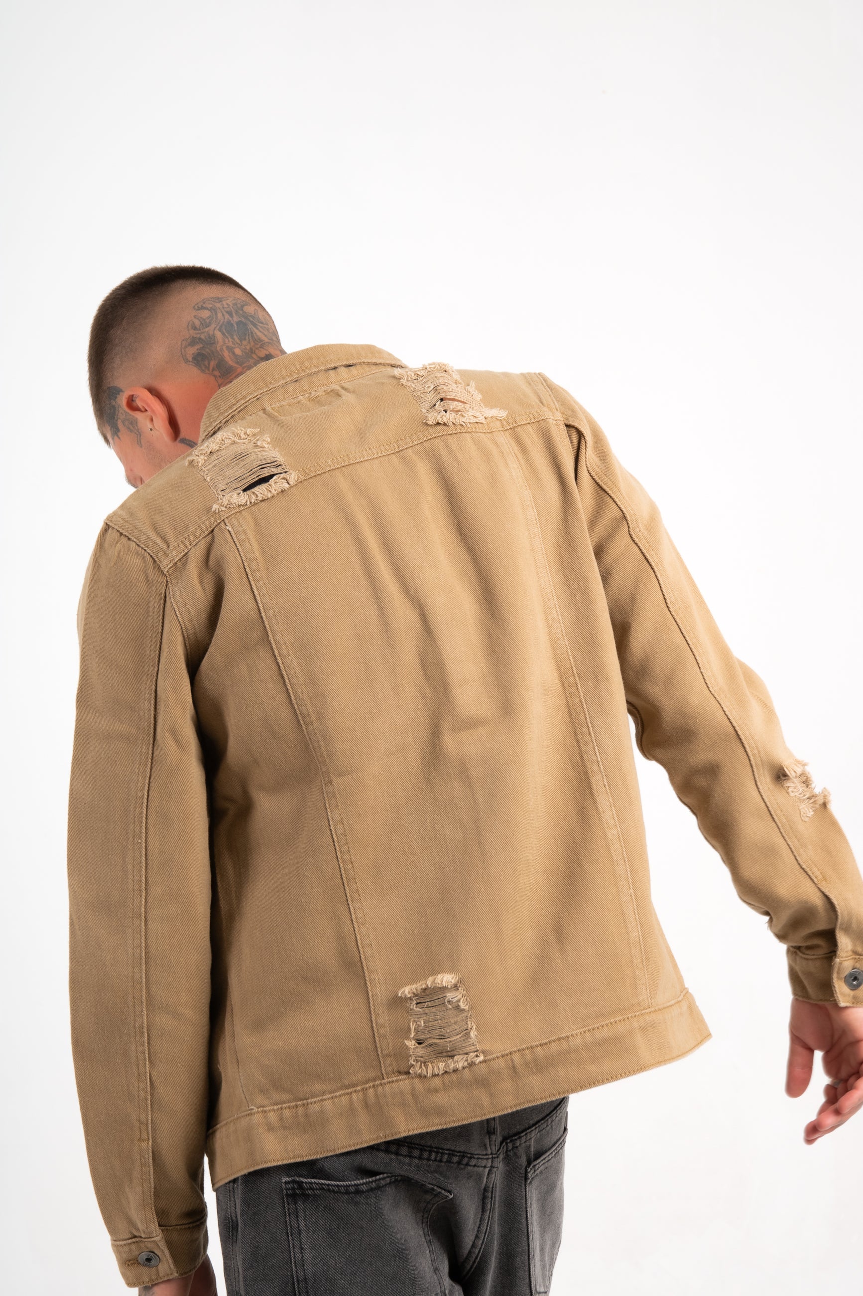 Norton Denim Jacket In Tan With Distressing