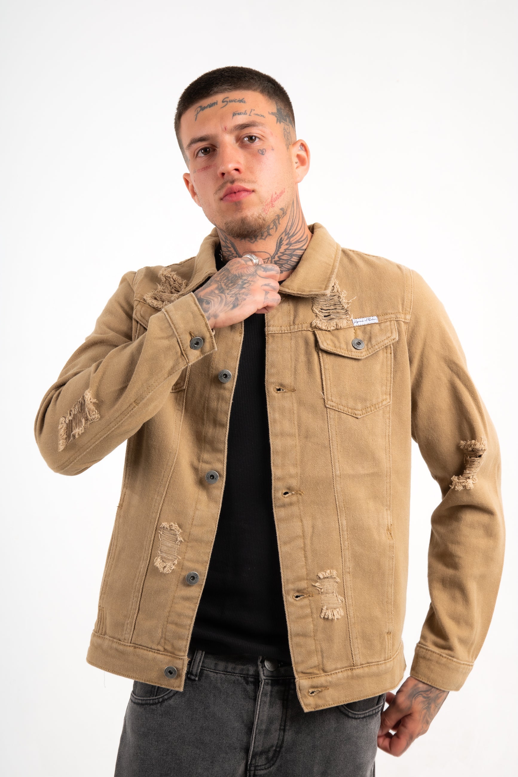 Norton Denim Jacket In Tan With Distressing