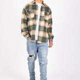 Utility Flannel Overshirt in Beige and Green