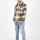 Utility Flannel Overshirt in Beige and Green