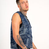 Blue Textured Camo Denim Gilet Vest