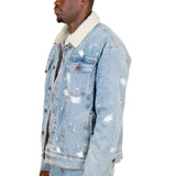 Oversized Borg Denim Jacket with Paint Splatter