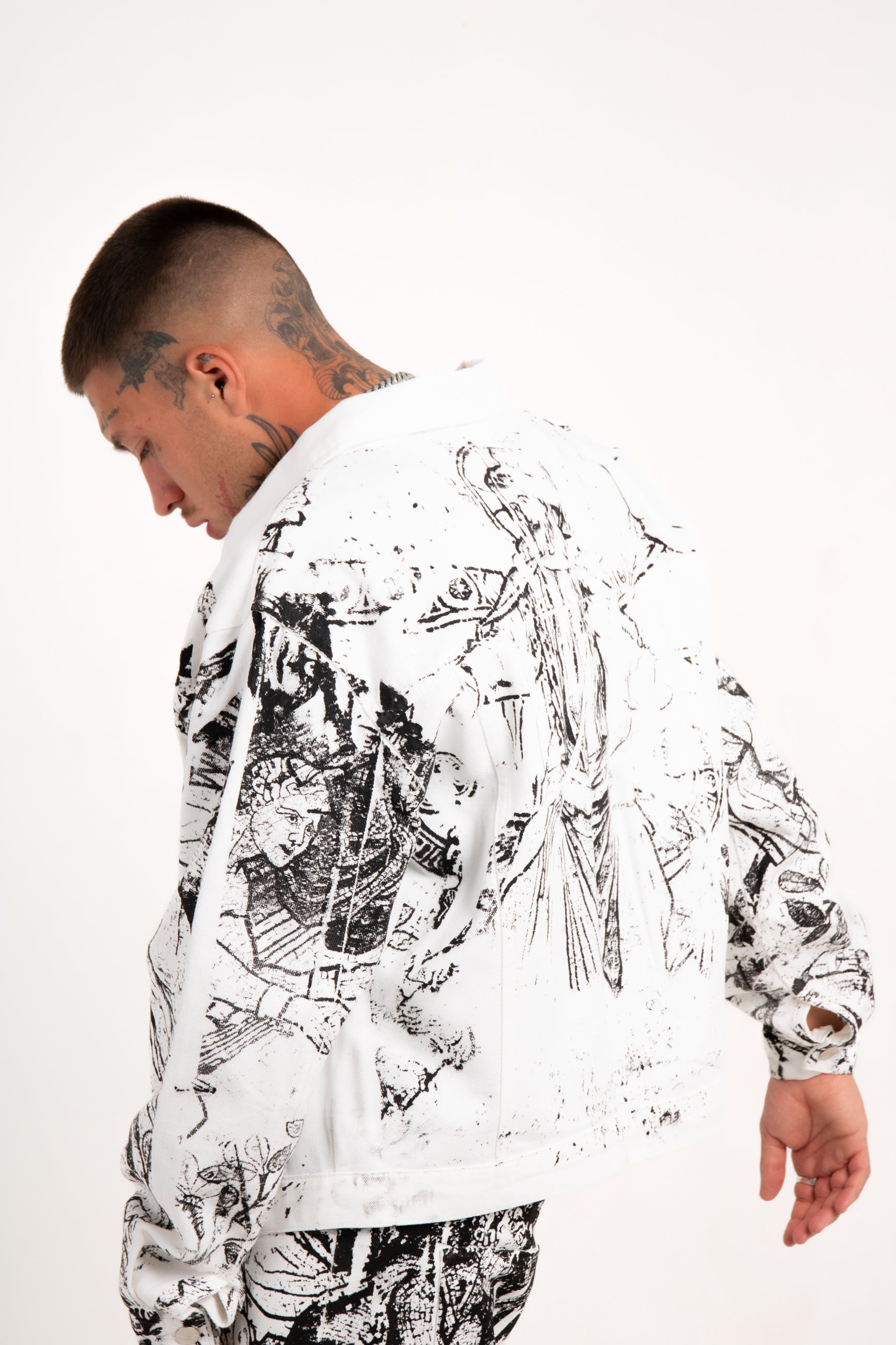 Angel Renaissance Printed Oversized Denim Jacket in White