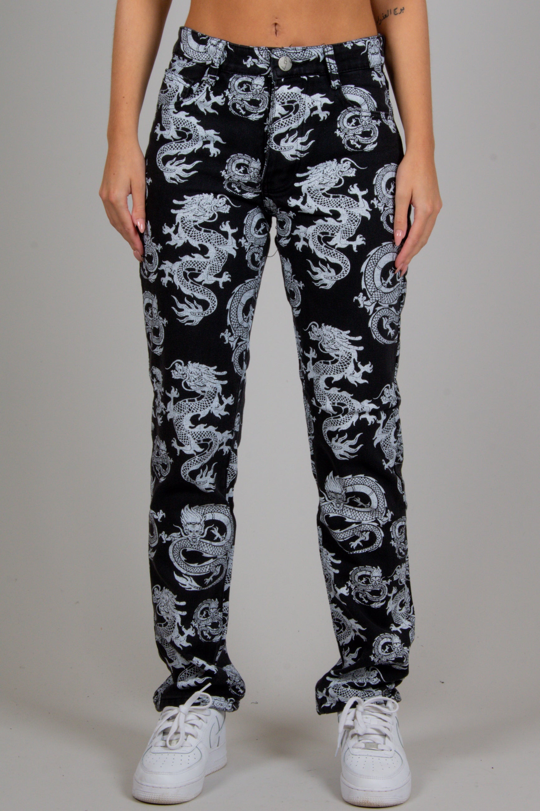 All-Over Dragon Print Straight Leg Jean