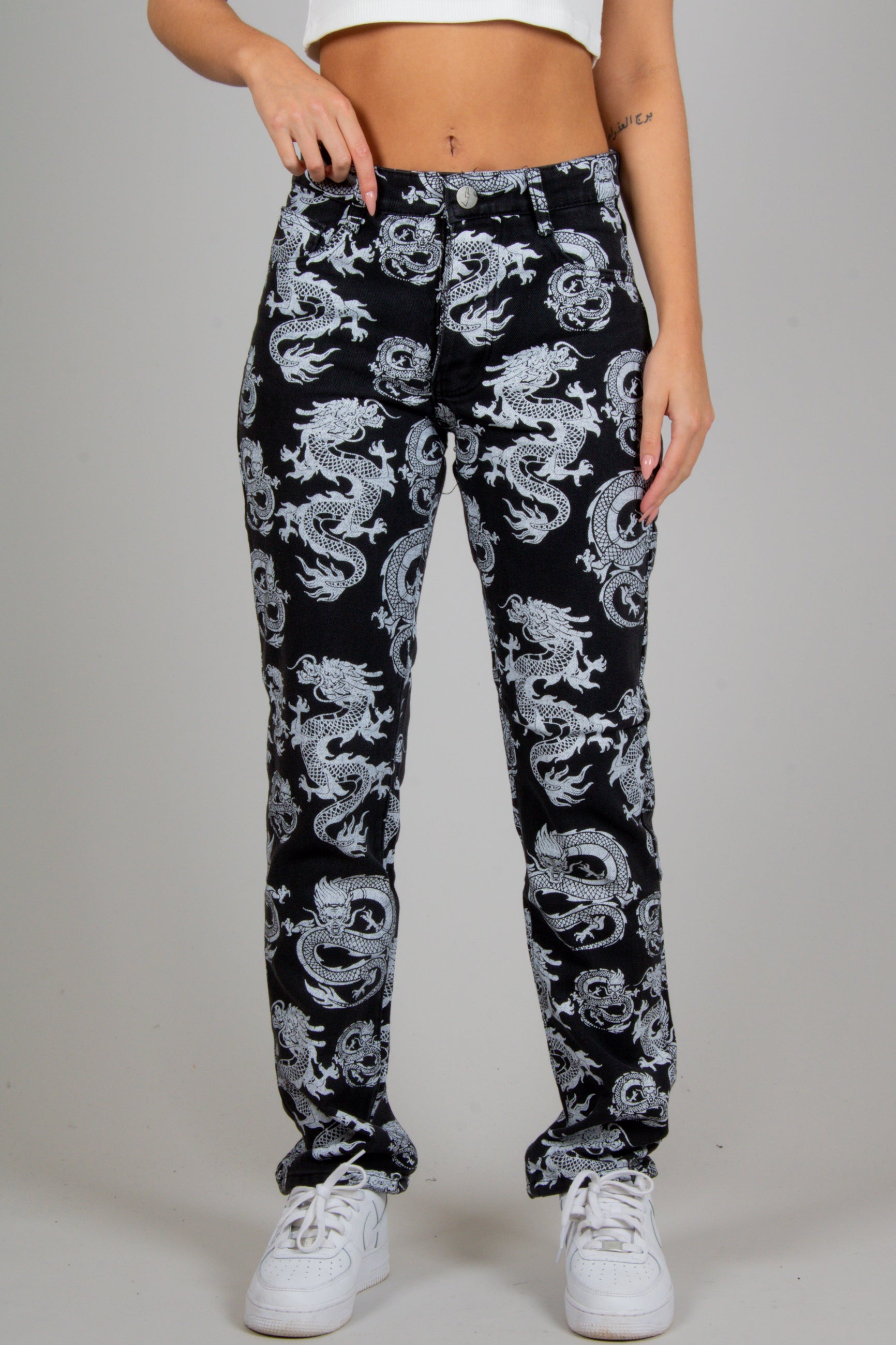 All-Over Dragon Print Straight Leg Jean