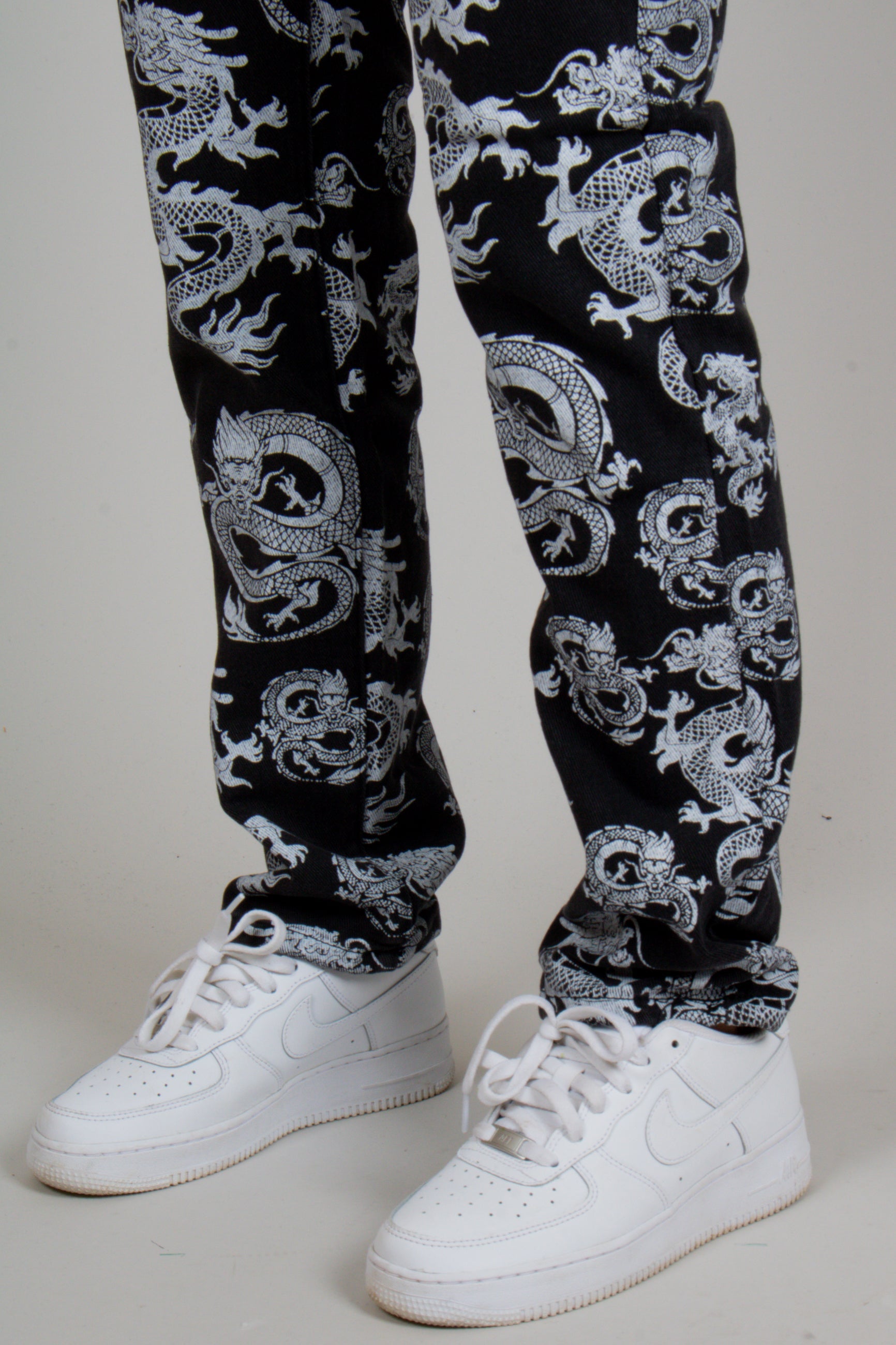 All-Over Dragon Print Straight Leg Jean