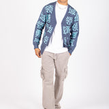 Japanese Text Knitted Blue Cardigan