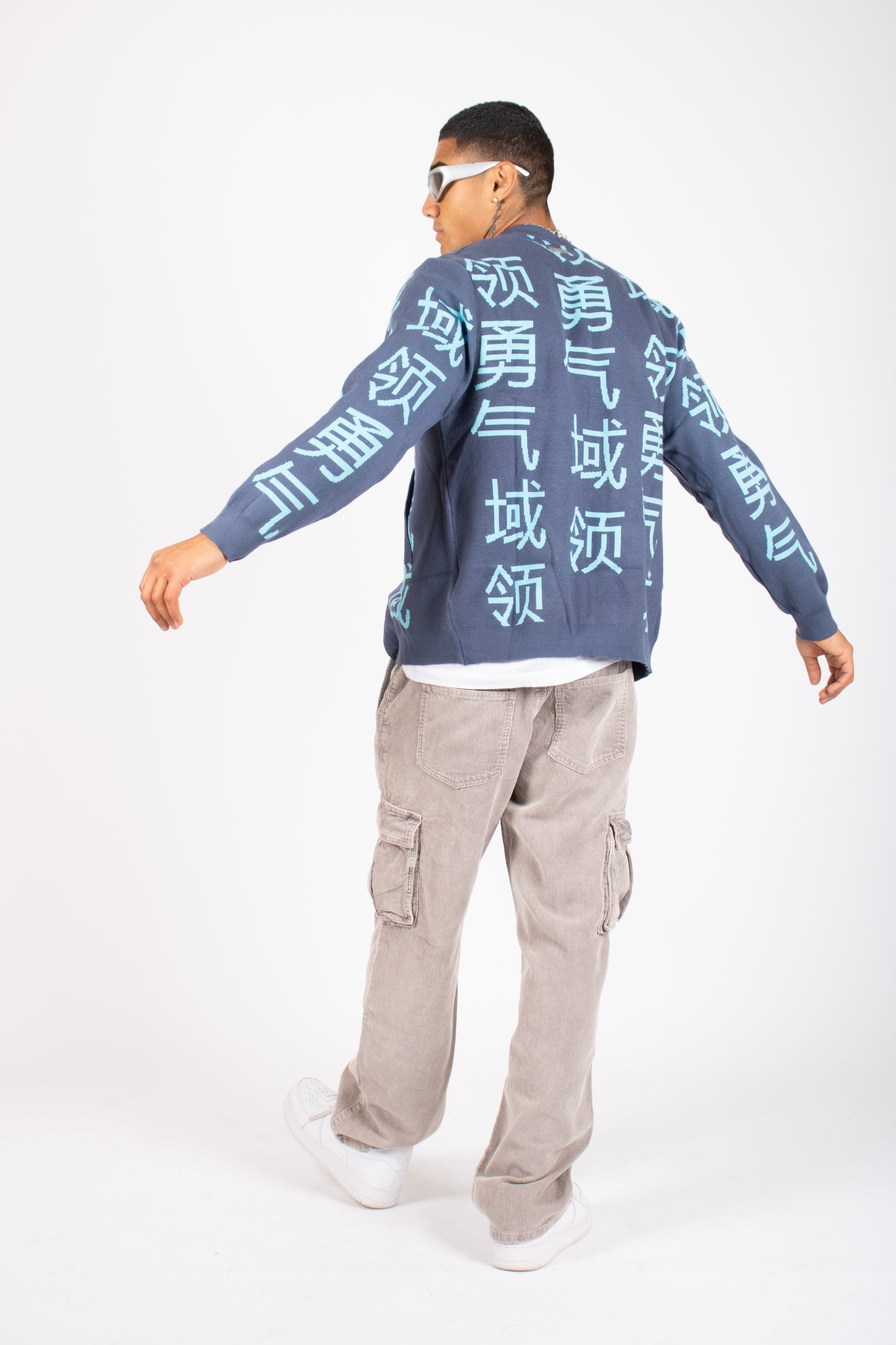 Japanese Text Knitted Blue Cardigan