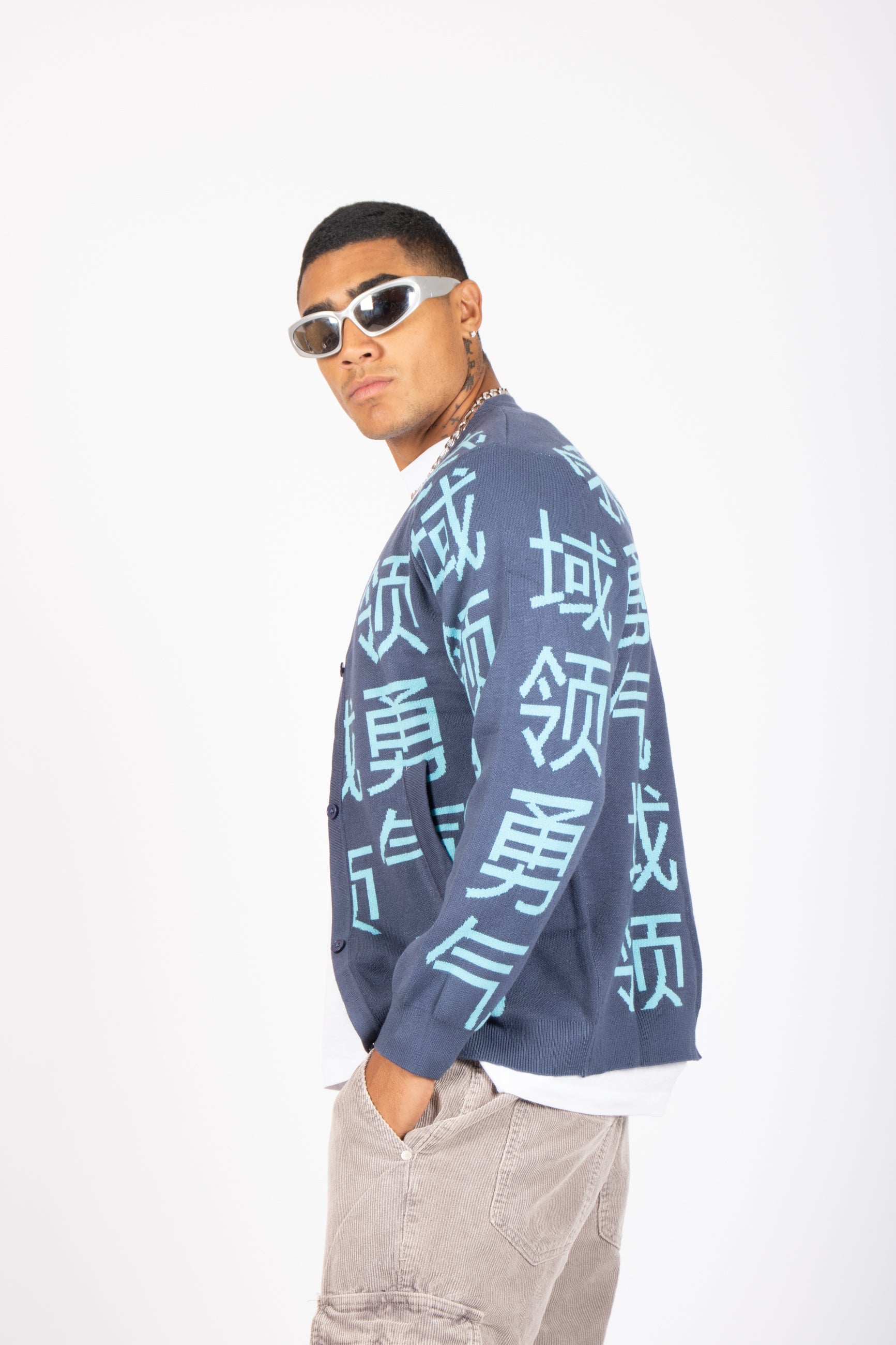 Japanese Text Knitted Blue Cardigan