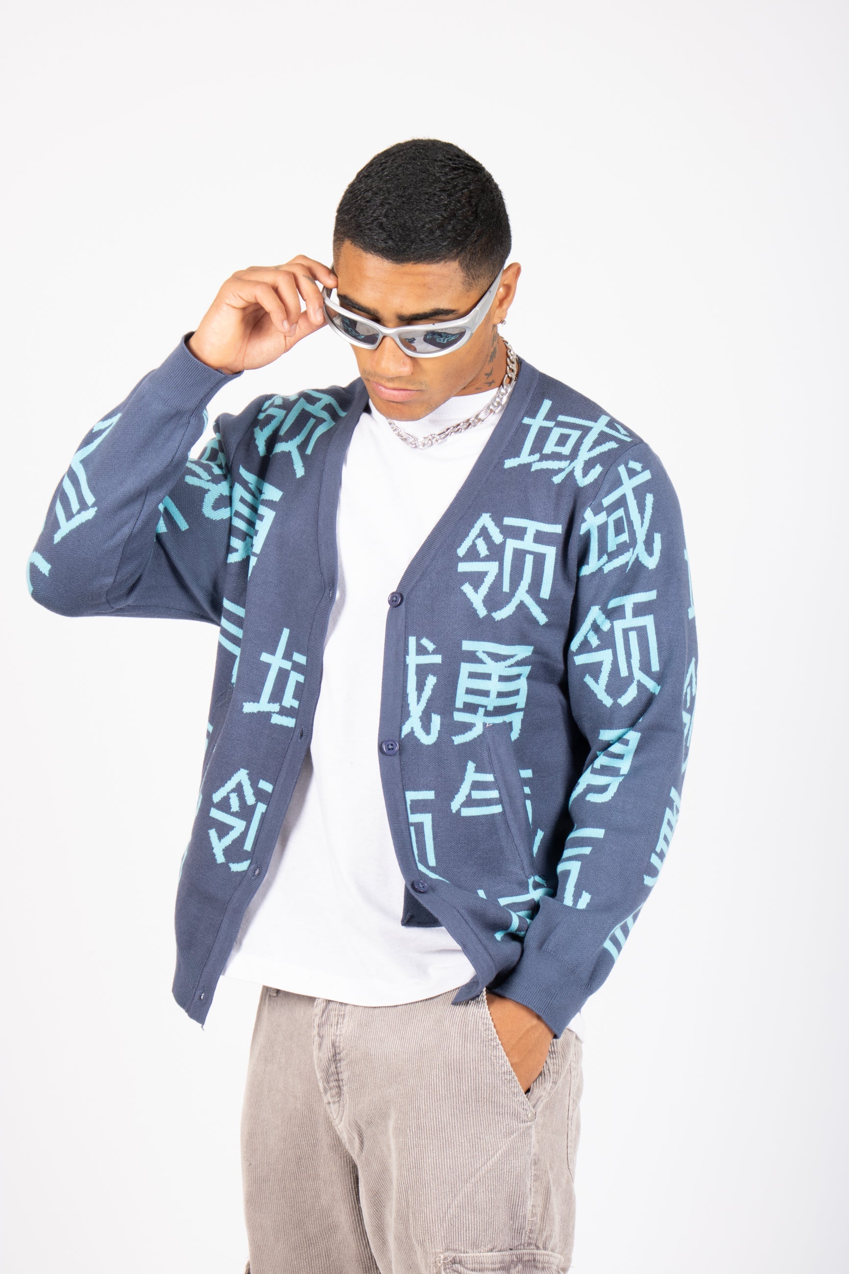 Japanese Text Knitted Blue Cardigan