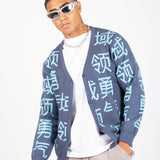 Japanese Text Knitted Blue Cardigan