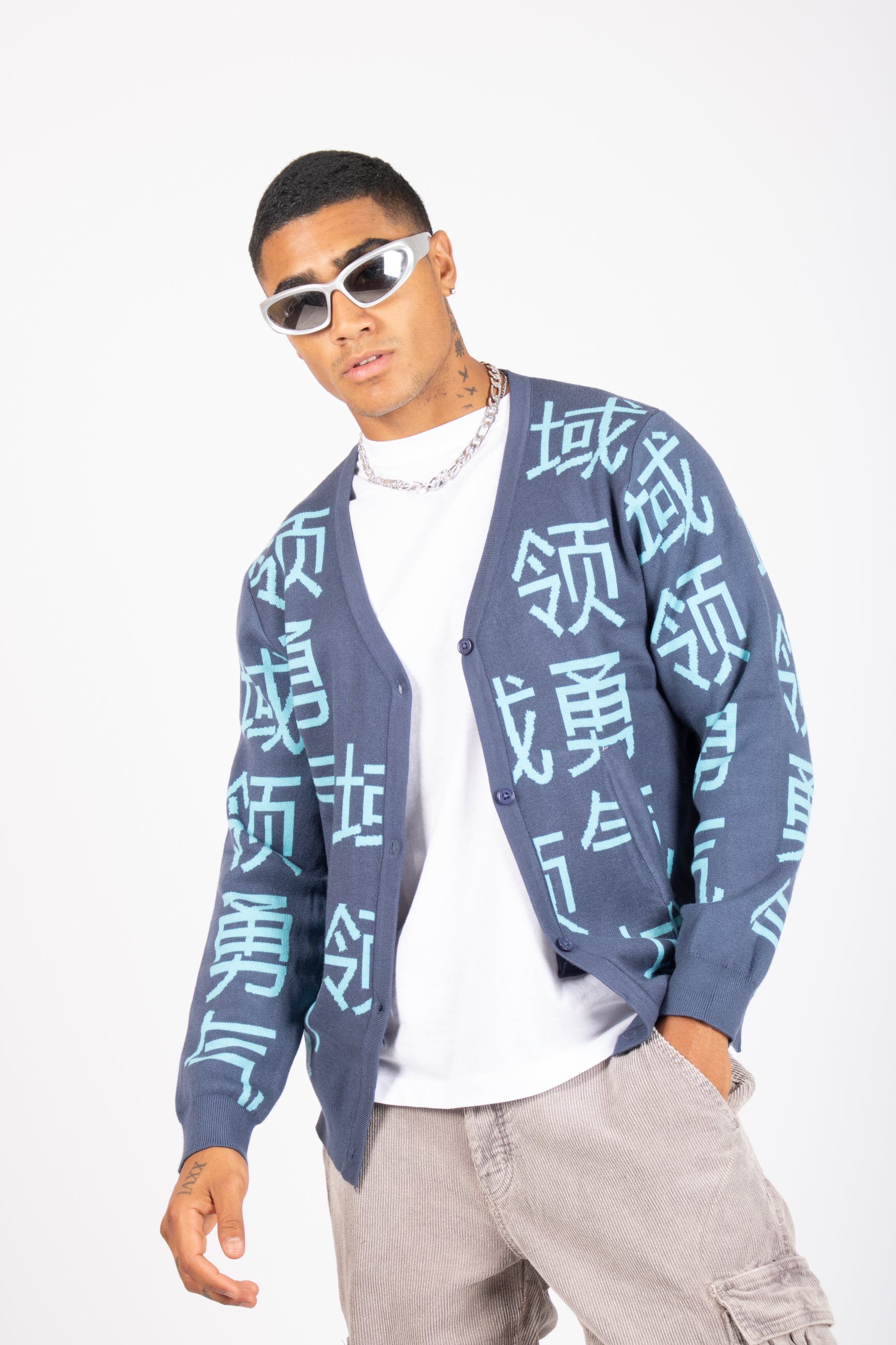 Japanese Text Knitted Blue Cardigan