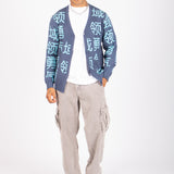 Japanese Text Knitted Blue Cardigan