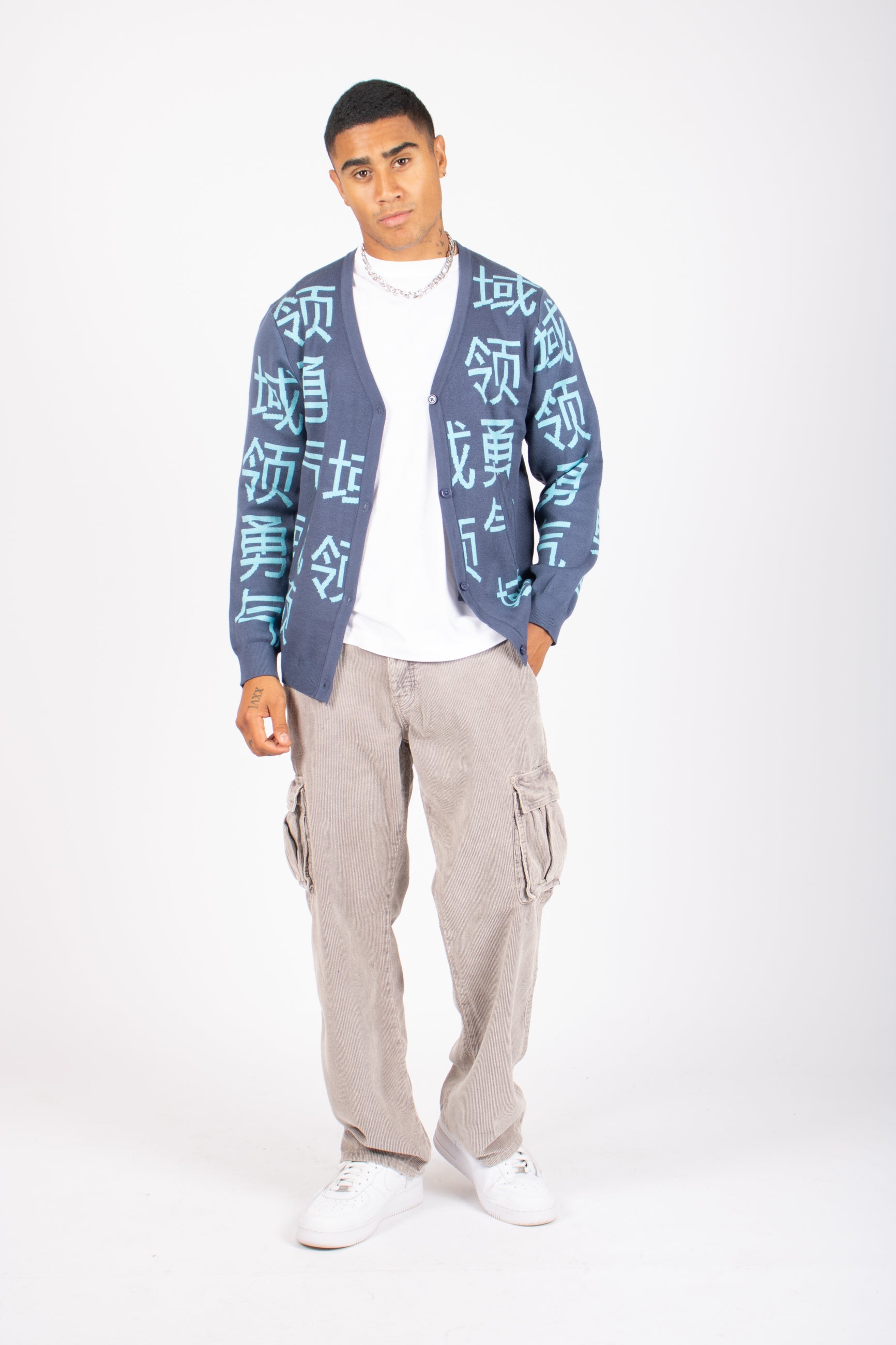 Japanese Text Knitted Blue Cardigan