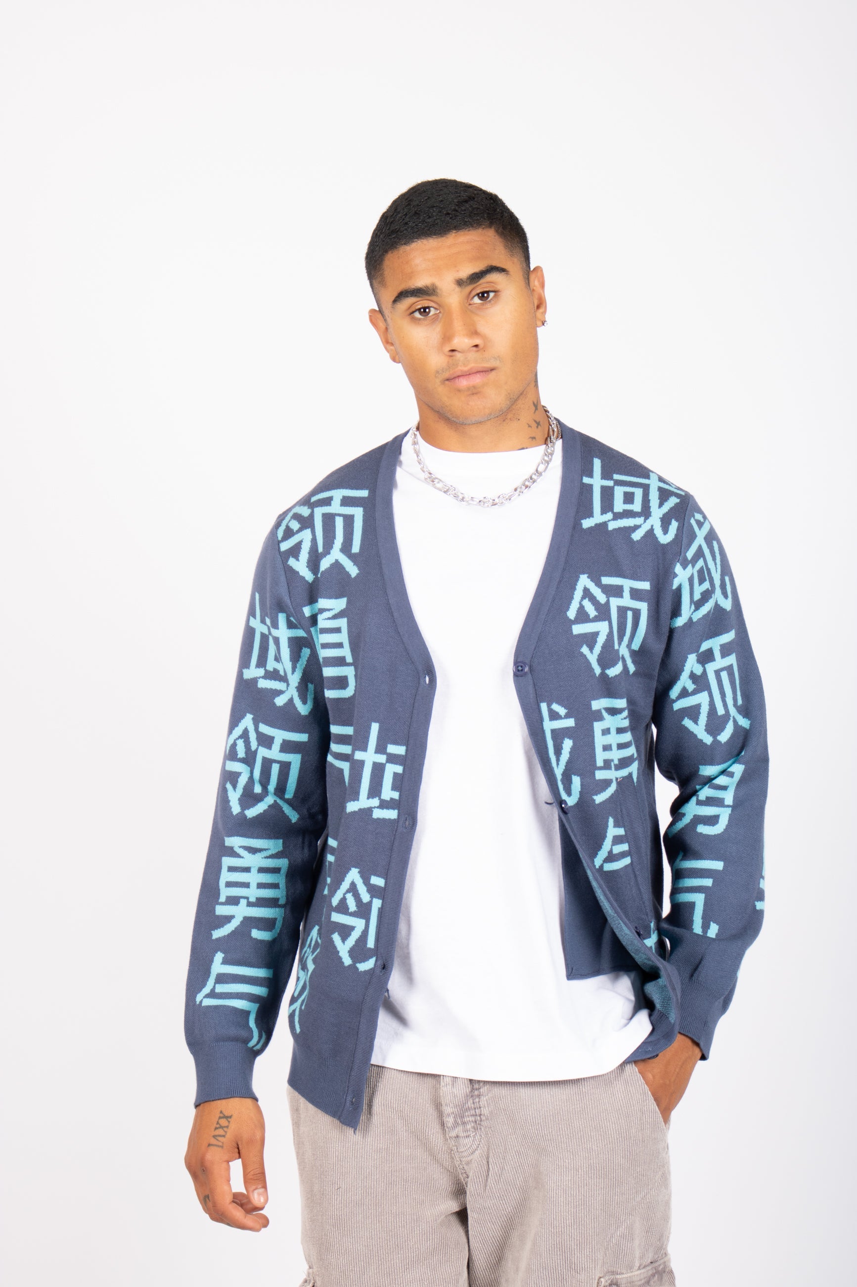 Japanese Text Knitted Blue Cardigan