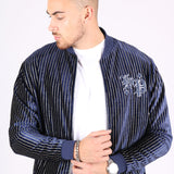 Navy Velour Varsity Gold Pinstripe Bomber