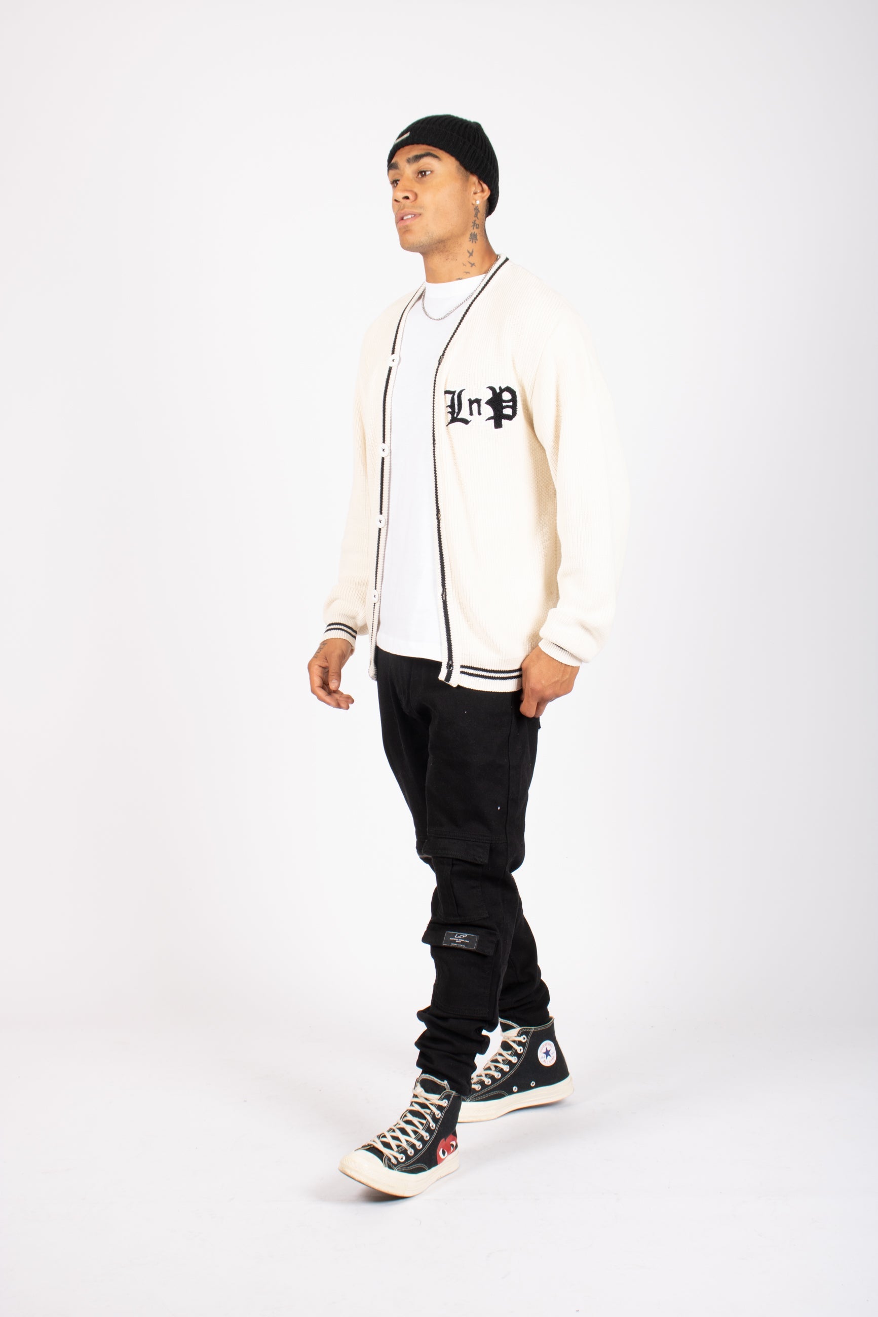 Varsity Knitted Cardigan in Off White