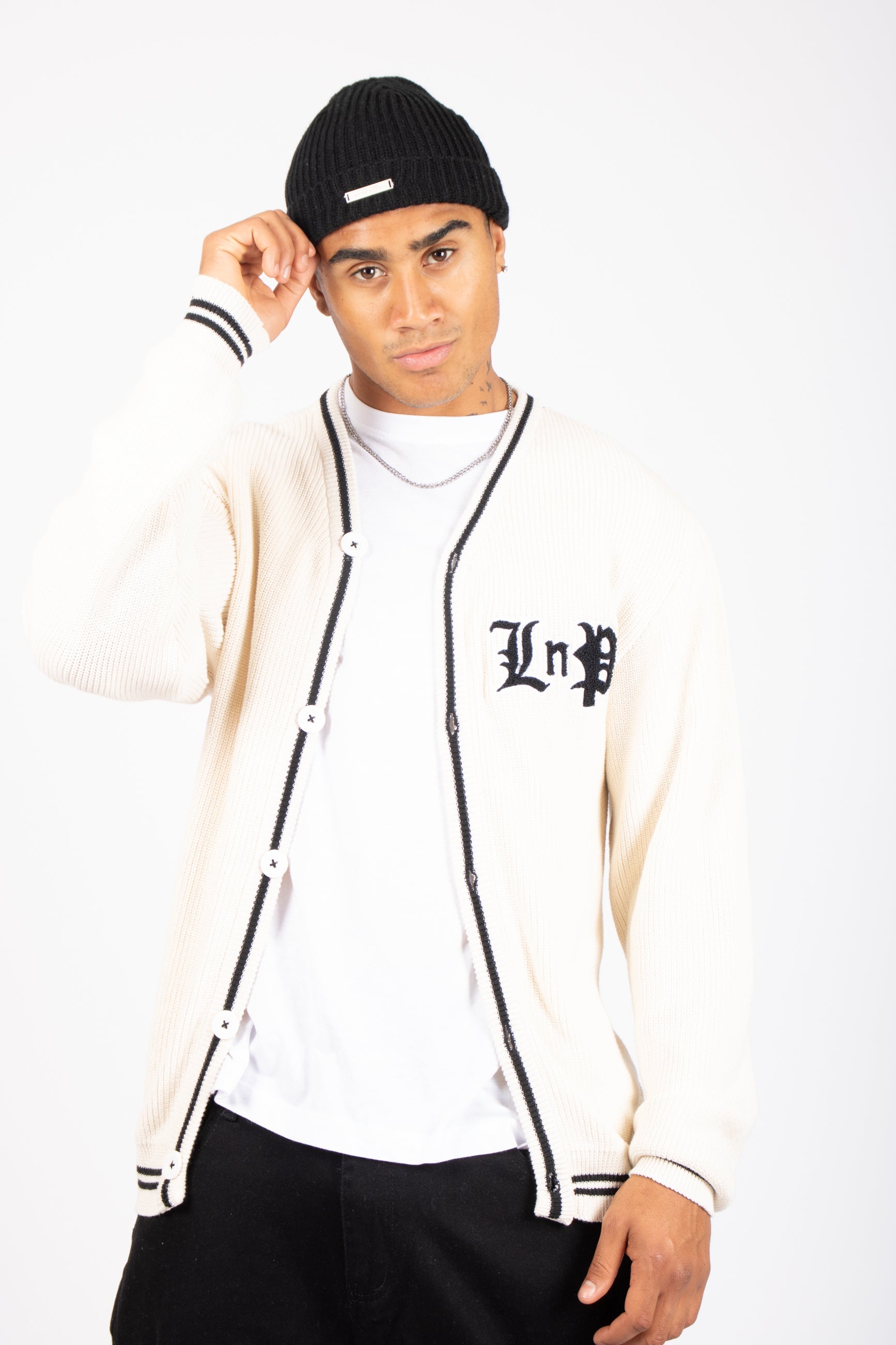 Varsity Knitted Cardigan in Off White