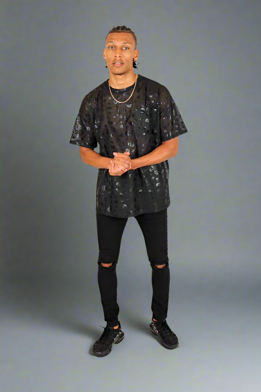 Skull Printed Black Mesh T-Shirt