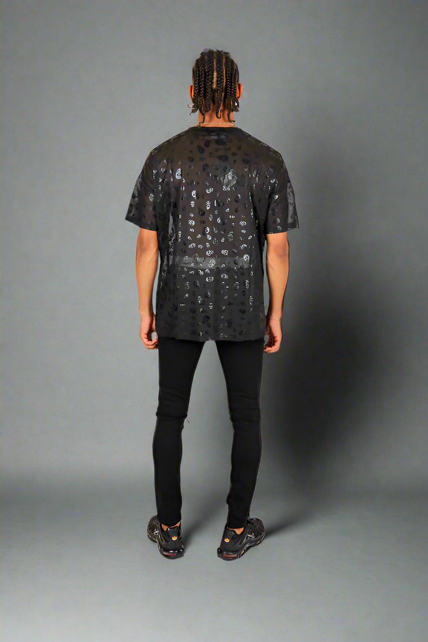 Skull Printed Black Mesh T-Shirt