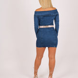 Anais Off The Shoulder Denim Mini Dress With Diamante Belt