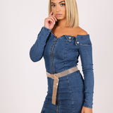 Anais Off The Shoulder Denim Mini Dress With Diamante Belt