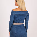 Anais Off The Shoulder Denim Mini Dress With Diamante Belt