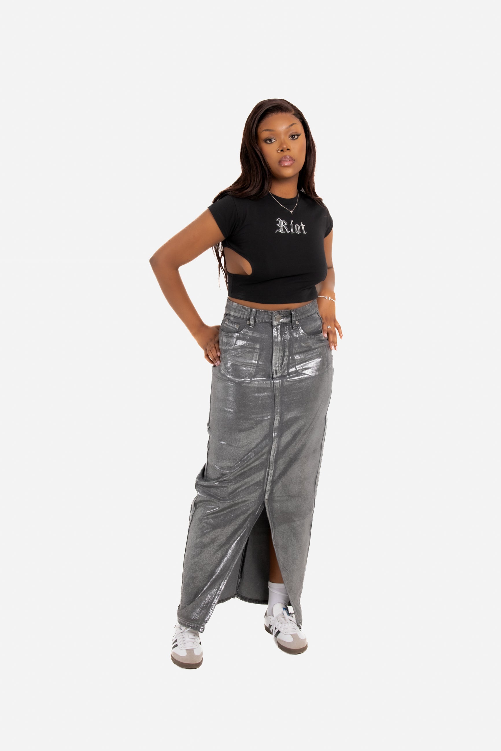 Maxi-Length Metallic Silver Split Skirt