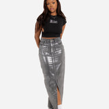 Maxi-Length Metallic Silver Split Skirt