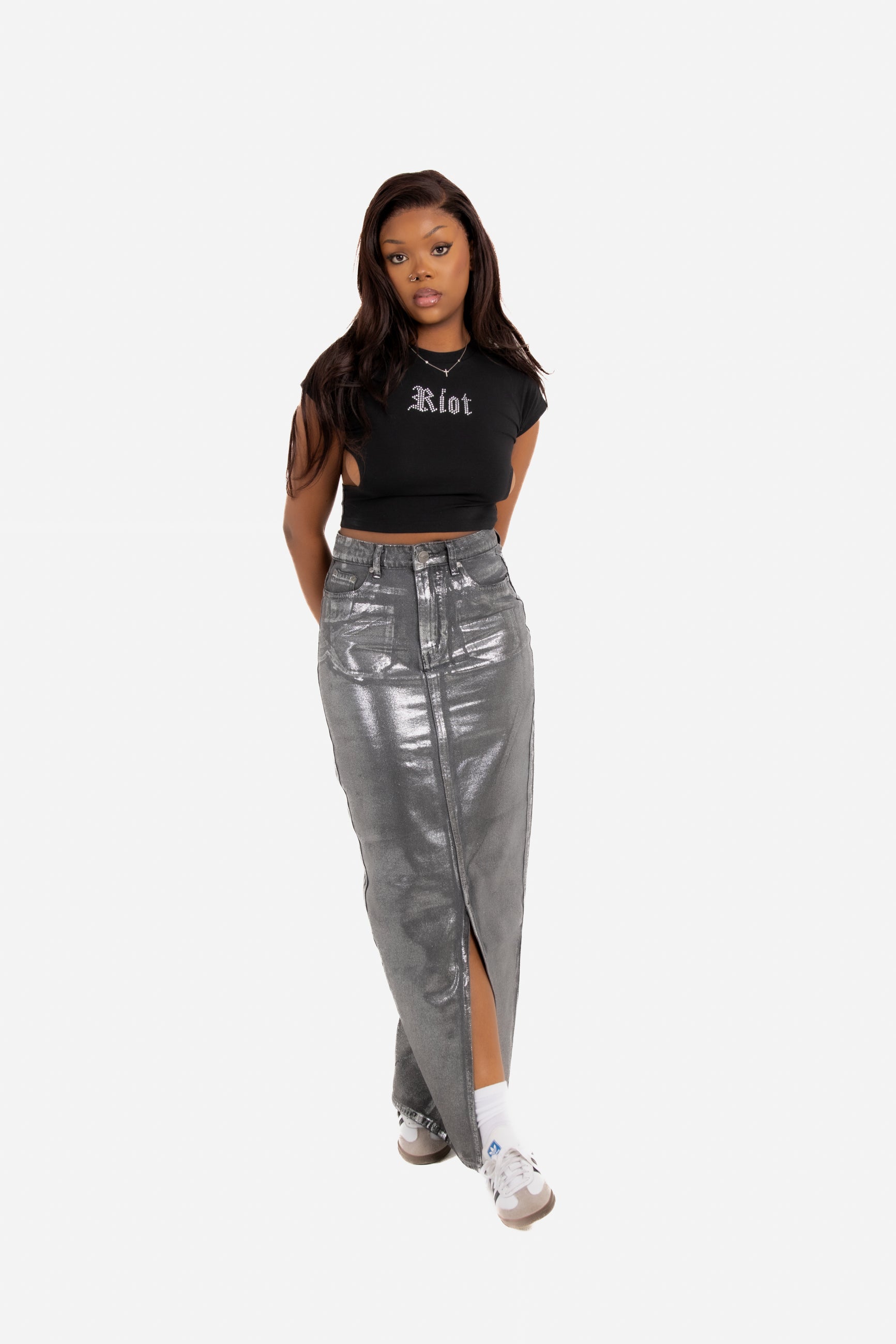 Maxi-Length Metallic Silver Split Skirt