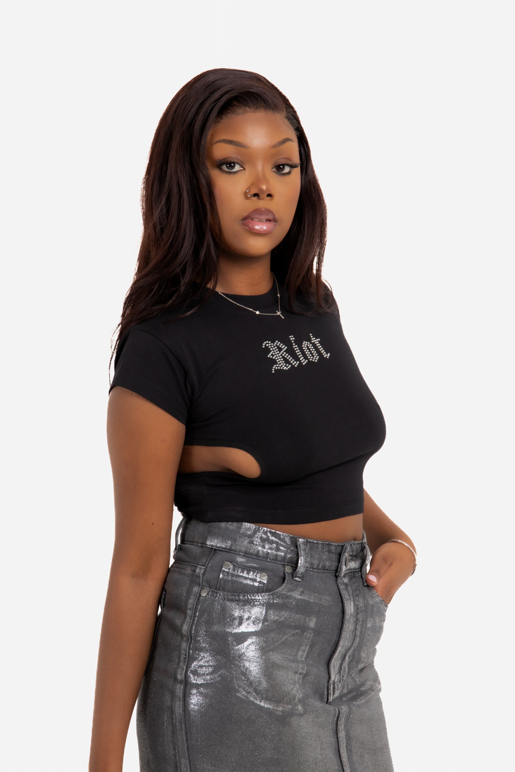 Diamanté Riot Side Boob Cut-Out Crop Top