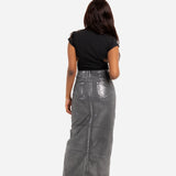 Maxi-Length Metallic Silver Split Skirt