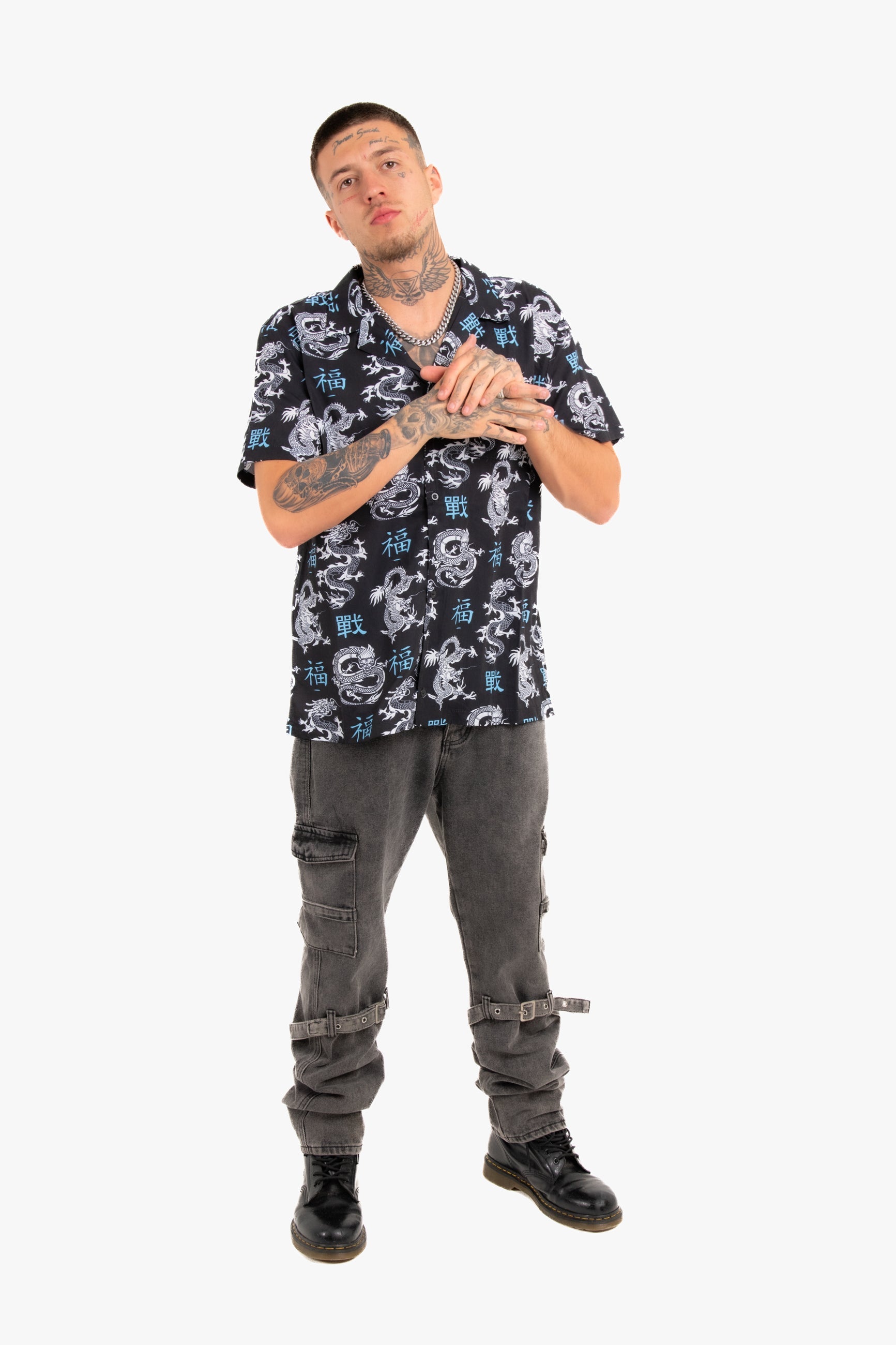 All-Over Dragon Print Short Sleeve Black Shirt